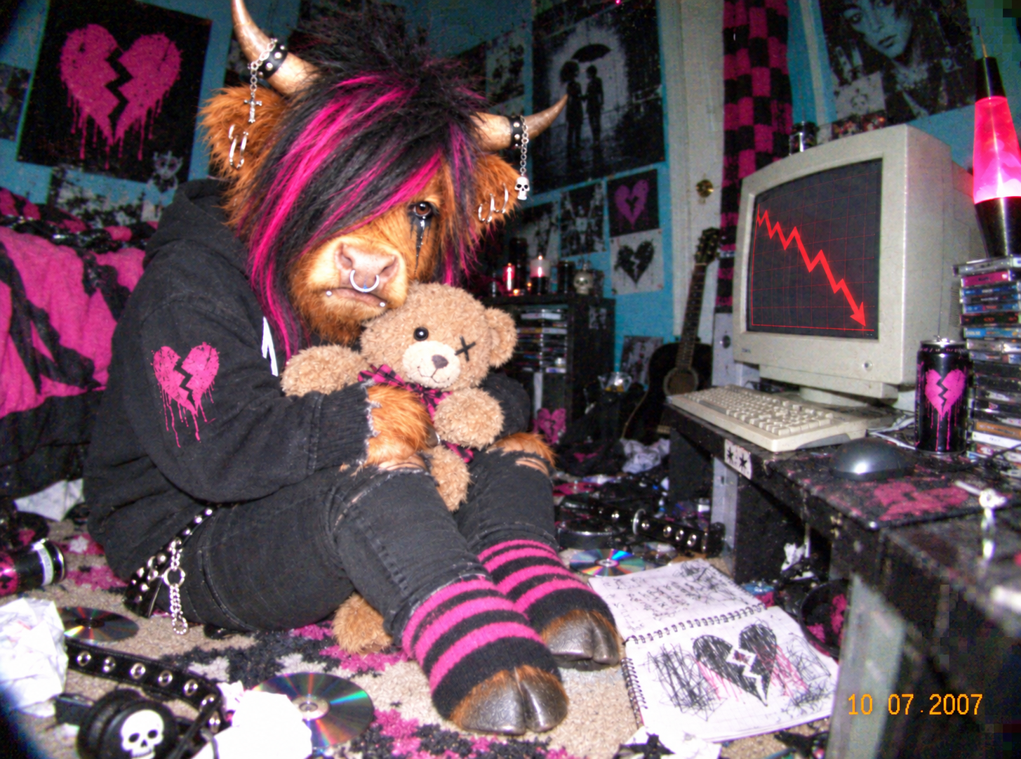 Emo bull cuddling a teddy bear beside a red chart