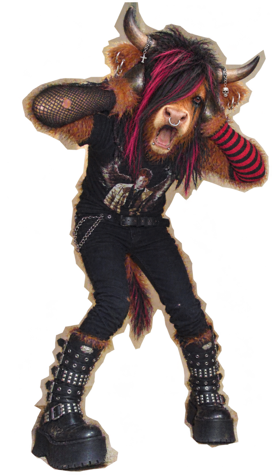 EMOO clutching his head in dramatic shock, wearing platform boots, badly cut out like a 2007 photo edit